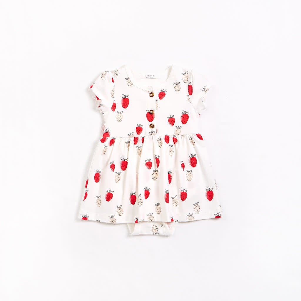 Petit lem Strawberries Print on Off-White Jersey Peplum Dress