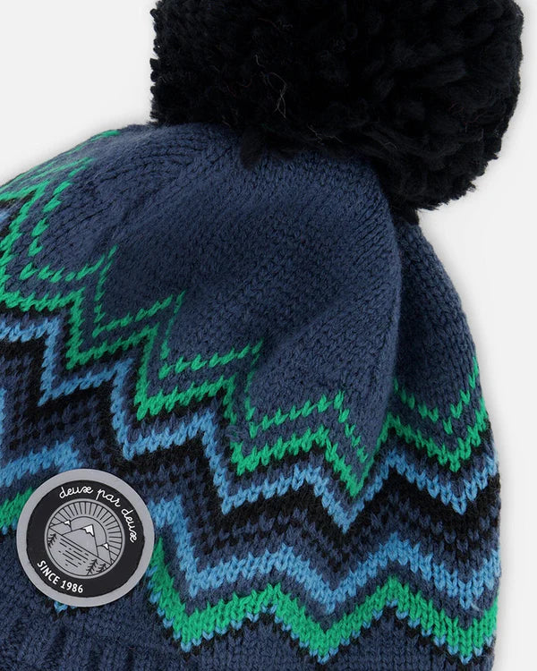 Deux Par Deux Lined Peruvian Knit Pompom Hat Blue And Green