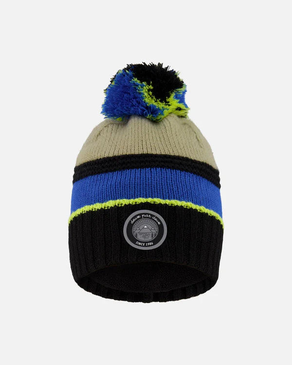 Deux Par Deux Lined Knit Pompom Hat Black, Taupe And Lime Green
