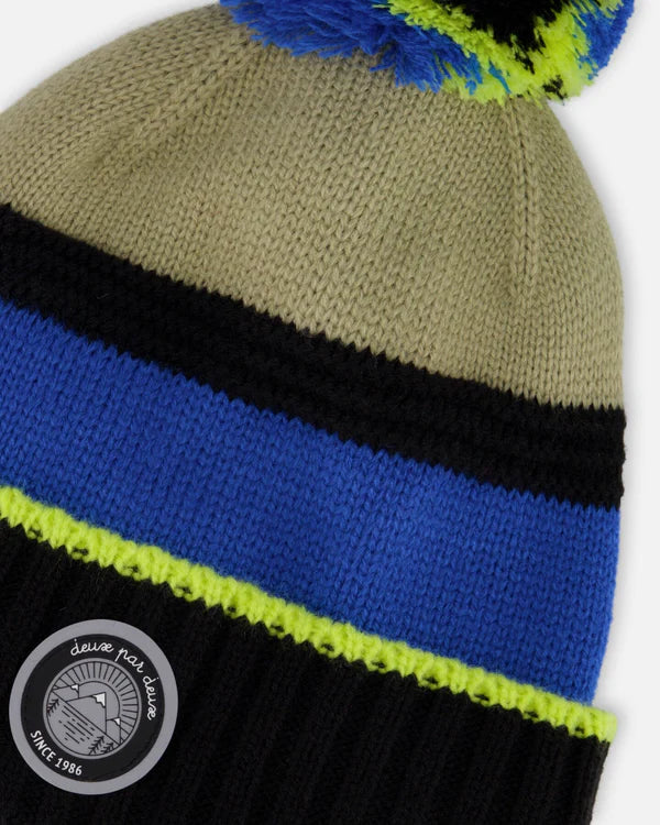 Deux Par Deux Lined Knit Pompom Hat Black, Taupe And Lime Green