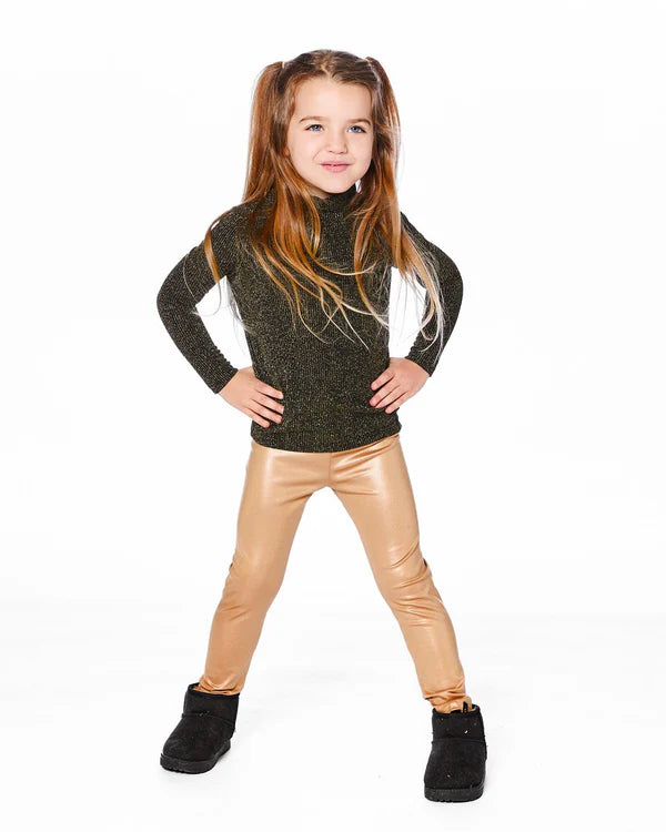 deux par deux Shiny Rib Mock Neck Top Black And Gold