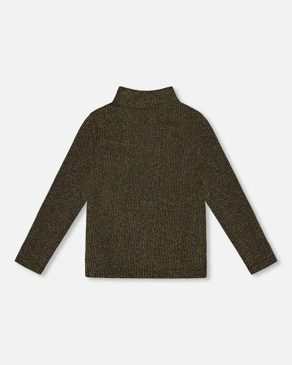 deux par deux Shiny Rib Mock Neck Top Black And Gold