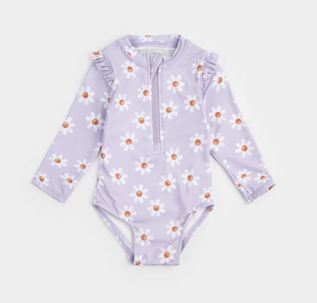 Petit lem Long-Sleeve Swimsuit - Daisy Print On Lavender