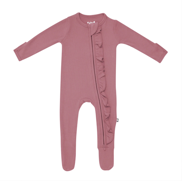 Kyte Baby Ribbed Ruffle Zipper Footie in Dusty Rose