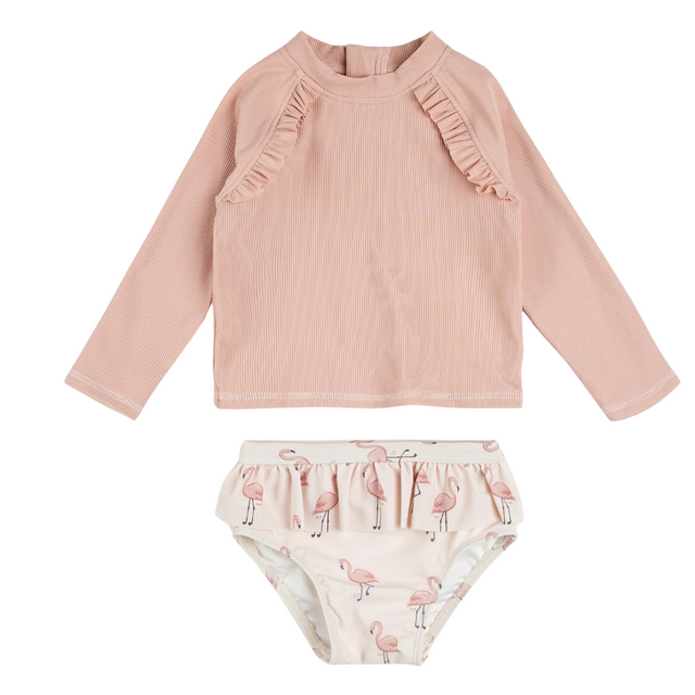 Petit Lem Ribbed Long-Sleeve Rose Quartz & Flamingos Rashguard Set