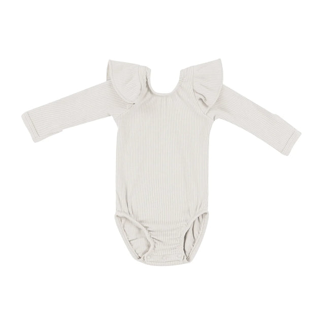 Kyte Baby Ribbed Long Sleeve Ruffle Leotard in Oat