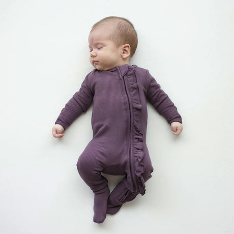 Ribbed Ruffle Zipper Footie in Currant