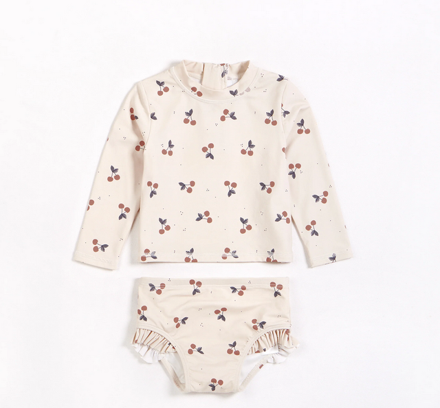 Petit lem Cherries on Crème Long Sleeve Two-Piece Swim Set