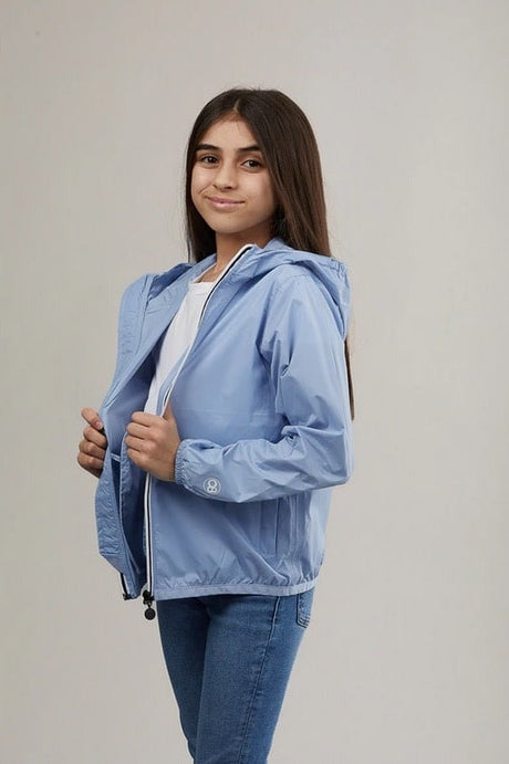 O8 Kids powder blue full zip packable rain jacket and windbreaker