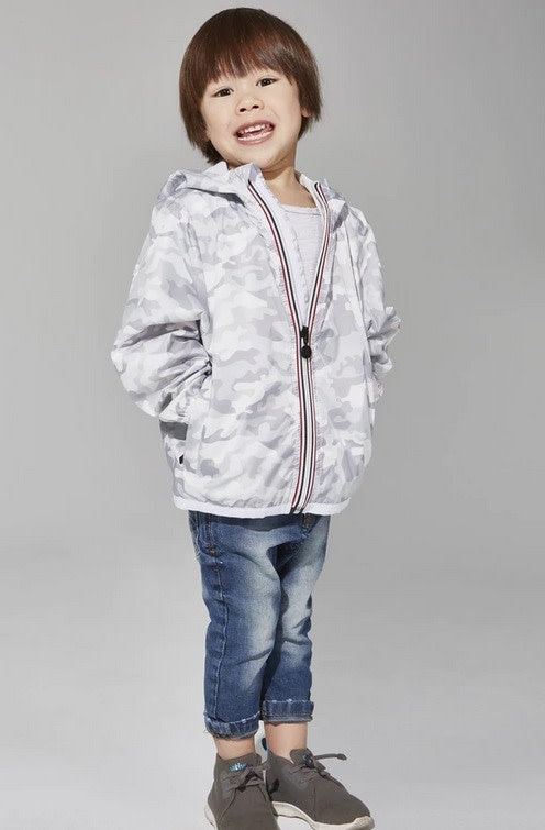 O8  Kids White Camo Full Zip Light Packable Rain Jacket