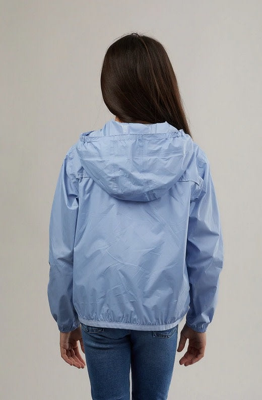 O8 Kids powder blue full zip packable rain jacket and windbreaker