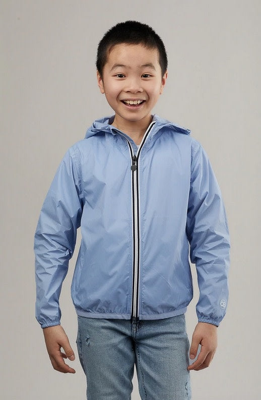 O8 Kids powder blue full zip packable rain jacket and windbreaker